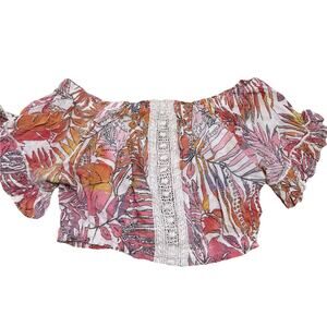 TheWild Boho Cropped Ruffled Sleeves OFF SHOULDER Seaweed Print Crocheted detail